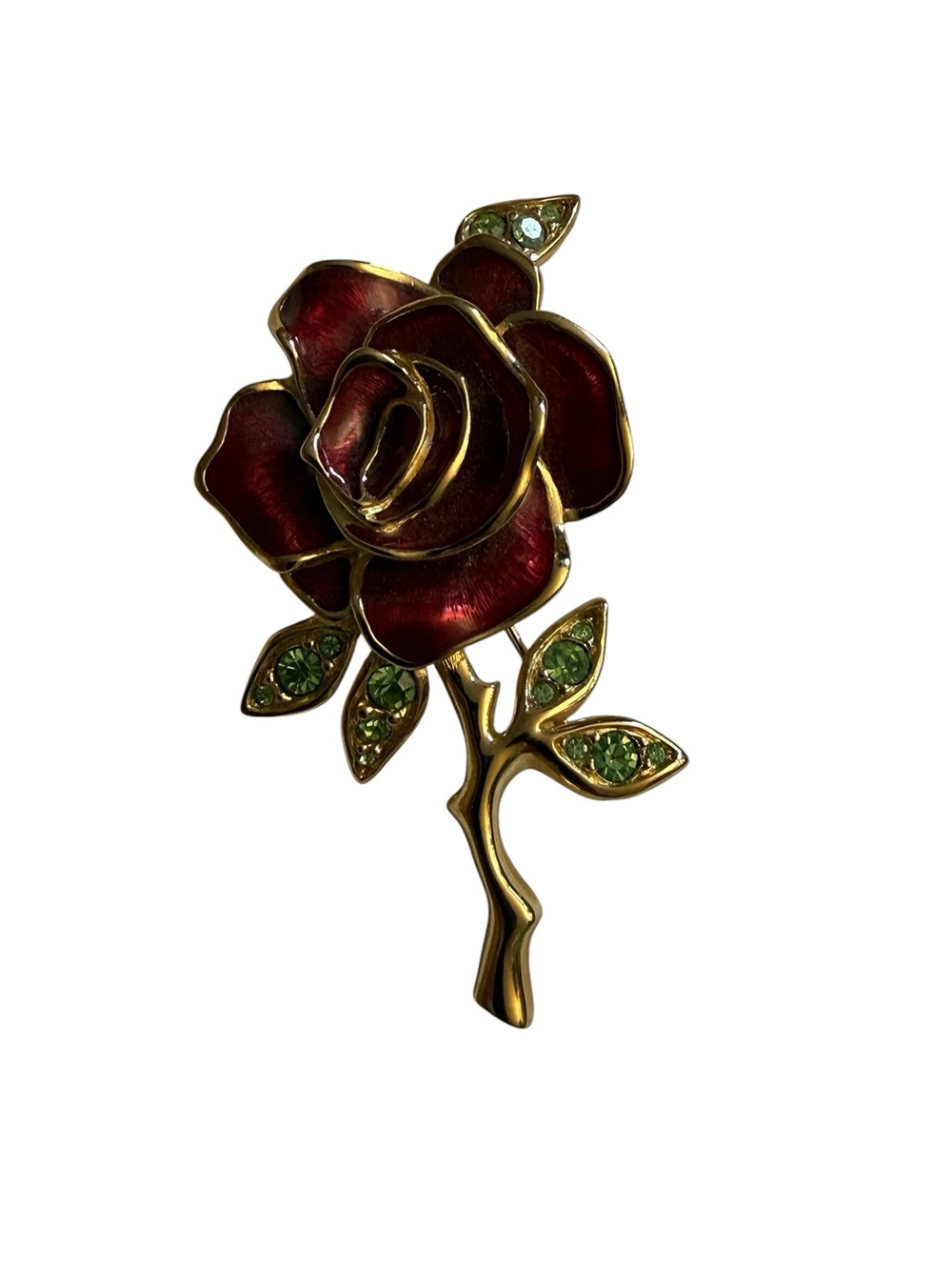Bob Mackie Red Rose Brooch with Green Crystal Leaves